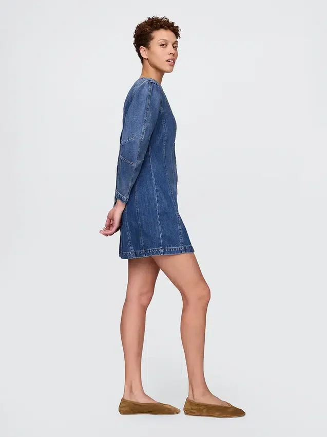 Mini-robe en denim à manches bouffantes