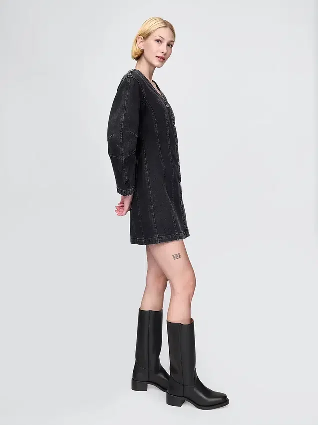 Mini-robe en denim à manches bouffantes