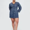 Mini-robe en denim à manches bouffantes