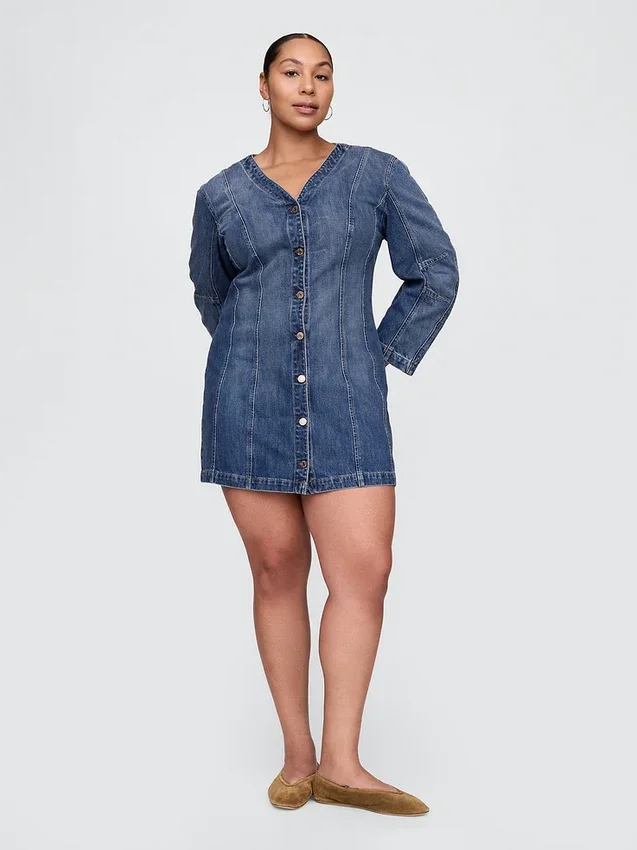 Mini-robe en denim à manches bouffantes