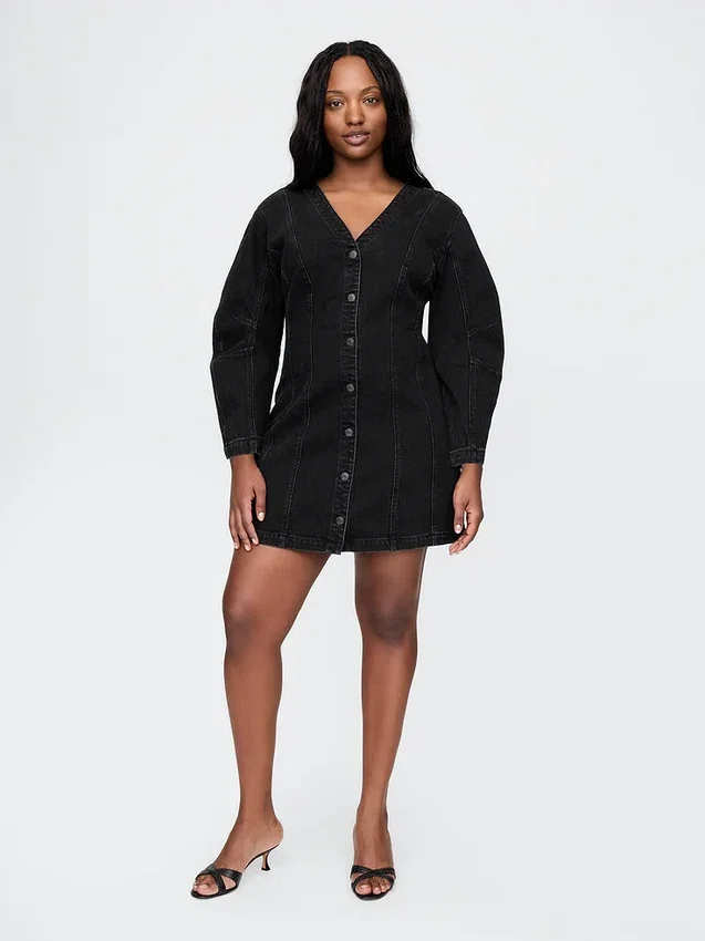 Mini-robe en denim à manches bouffantes