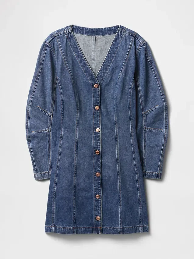 Mini-robe en denim à manches bouffantes