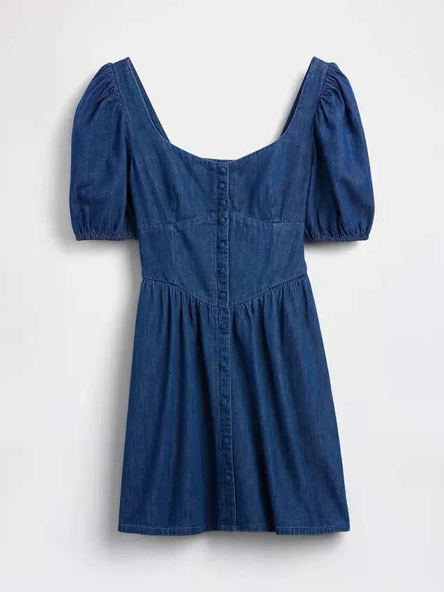 Mini-robe en denim à manches bouffantes et encolure en cœur