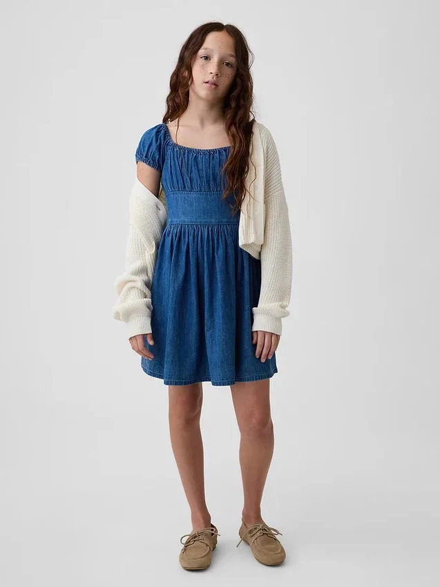 Mini-robe en denim à manches bouffantes pour enfants