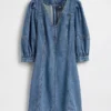Mini-robe en denim ultra-doux à manches bouffantes