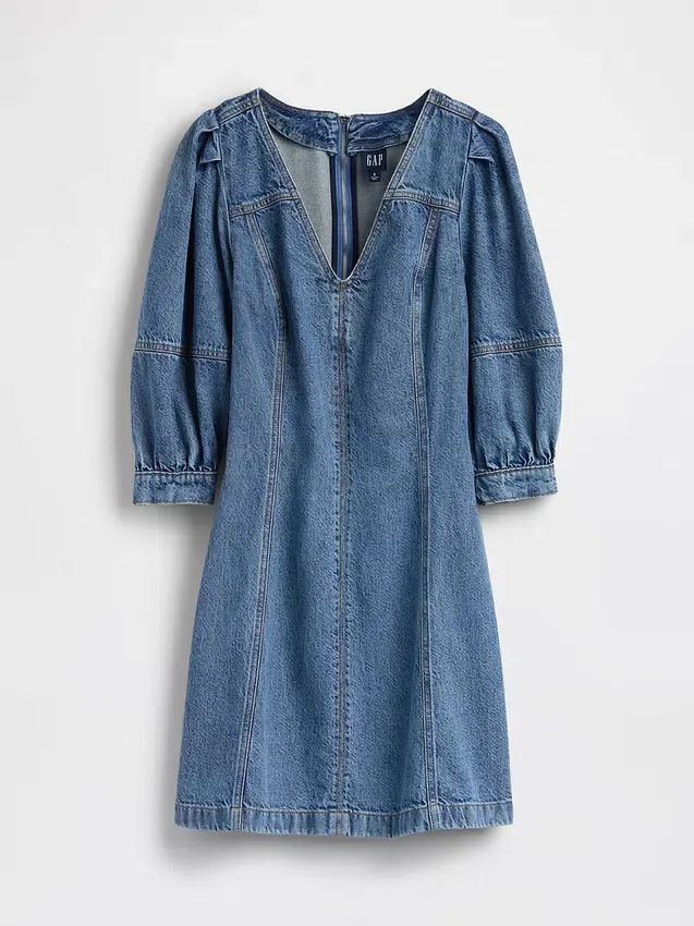 Mini-robe en denim ultra-doux à manches bouffantes