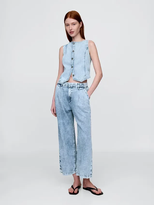 Pantalon 365 taille haute en denim ultra-doux à plis, longueur cheville
