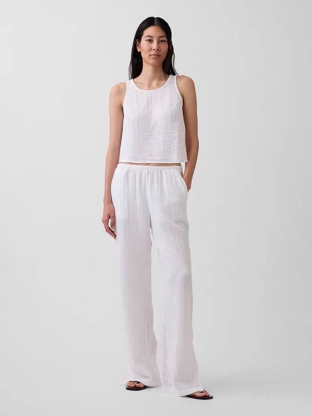 Pantalon ample en gaze de coton à ourlets fendus