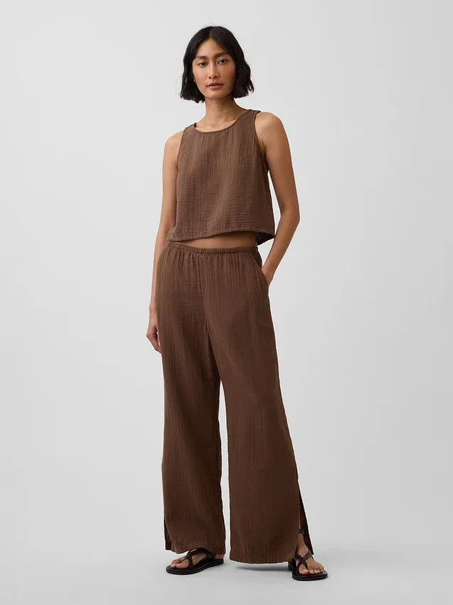 Pantalon ample en gaze de coton à ourlets fendus