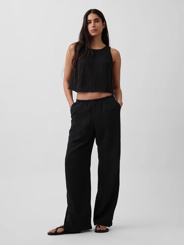 Pantalon ample en gaze de coton à ourlets fendus