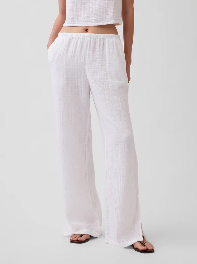 Pantalon ample en gaze de coton à ourlets fendus