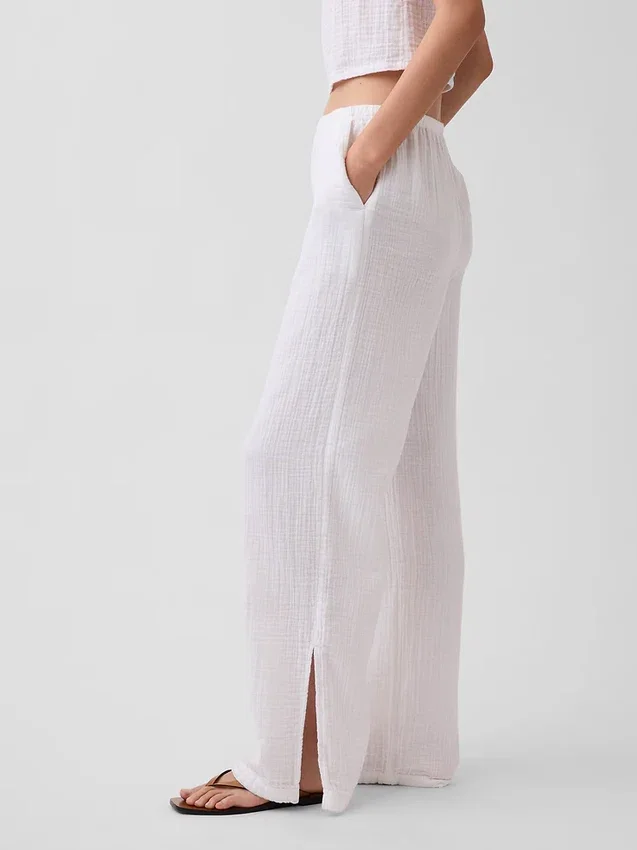Pantalon ample en gaze de coton à ourlets fendus