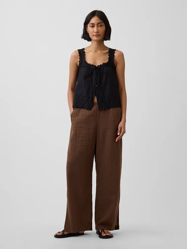 Pantalon ample en gaze de coton à ourlets fendus