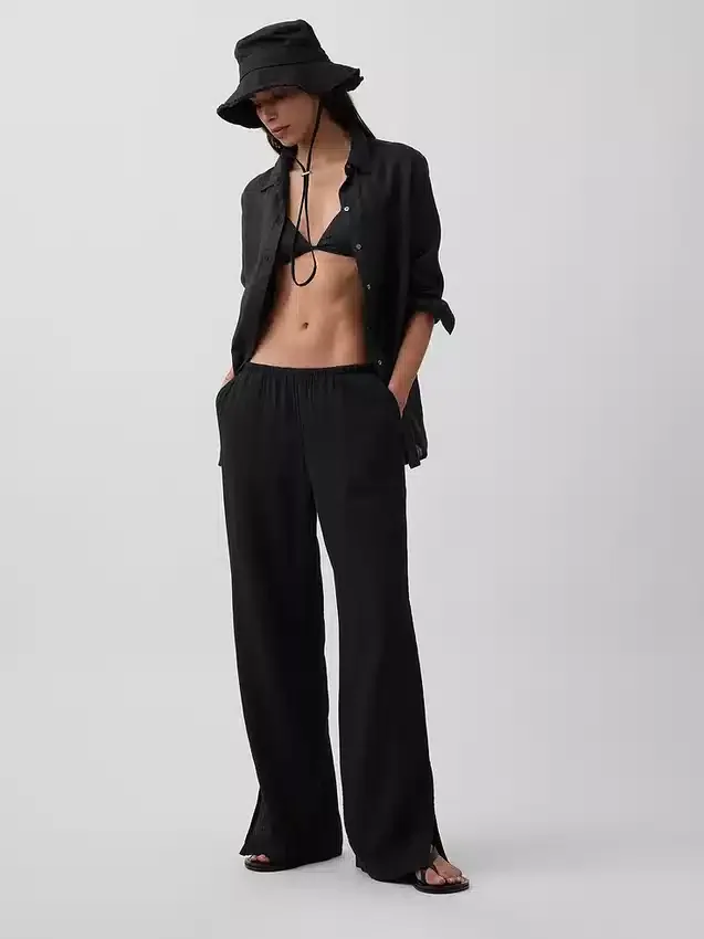 Pantalon ample en gaze de coton à ourlets fendus
