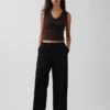 Pantalon ample à taille mi-haute en popeline, coupe décontractée
