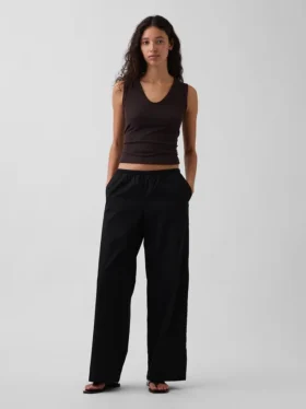 Pantalon ample à taille mi-haute en popeline, coupe décontractée