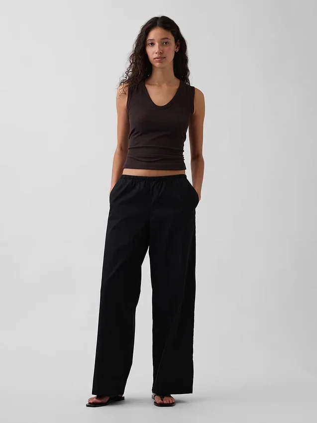 Pantalon ample à taille mi-haute en popeline, coupe décontractée
