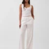 Pantalon ample à taille mi-haute en popeline, coupe décontractée