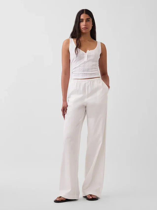 Pantalon ample à taille mi-haute en popeline, coupe décontractée