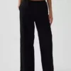 Pantalon ample à taille mi-haute en popeline, coupe décontractée