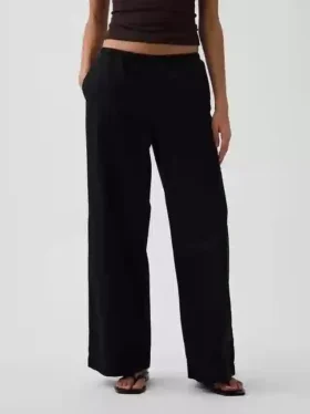 Pantalon ample à taille mi-haute en popeline, coupe décontractée