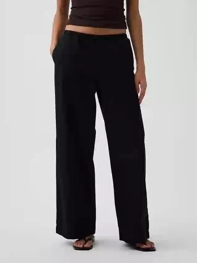 Pantalon ample à taille mi-haute en popeline, coupe décontractée