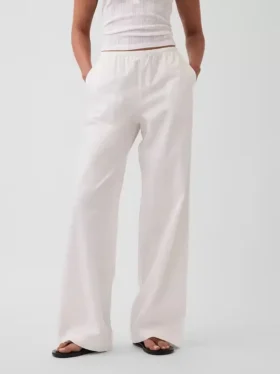 Pantalon ample à taille mi-haute en popeline, coupe décontractée