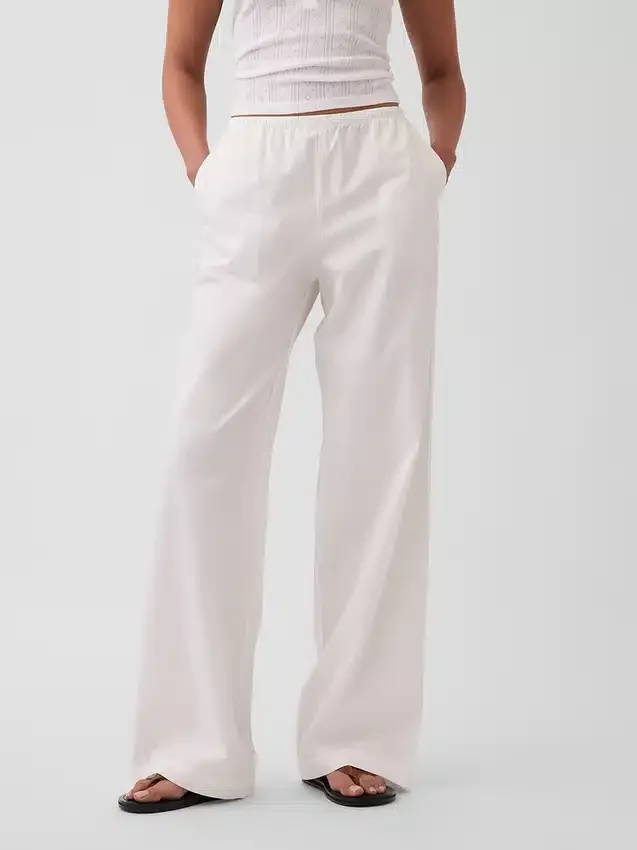 Pantalon ample à taille mi-haute en popeline, coupe décontractée