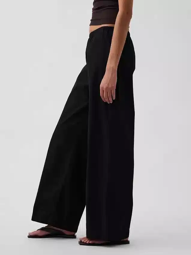 Pantalon ample à taille mi-haute en popeline, coupe décontractée