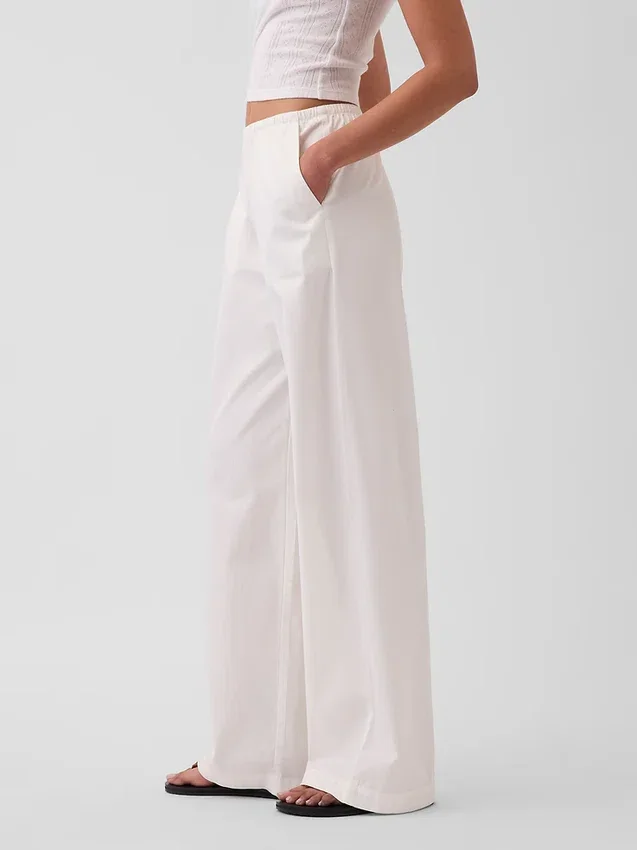Pantalon ample à taille mi-haute en popeline, coupe décontractée