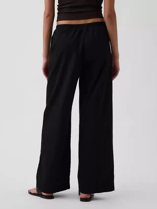 Pantalon ample à taille mi-haute en popeline, coupe décontractée