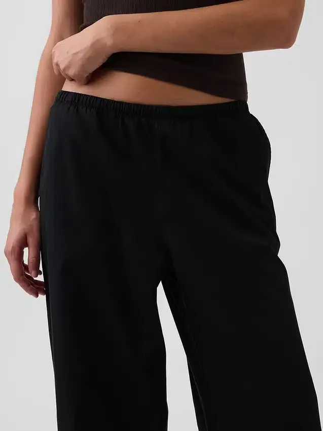 Pantalon ample à taille mi-haute en popeline, coupe décontractée