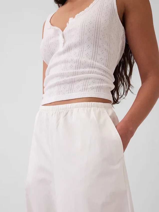 Pantalon ample à taille mi-haute en popeline, coupe décontractée