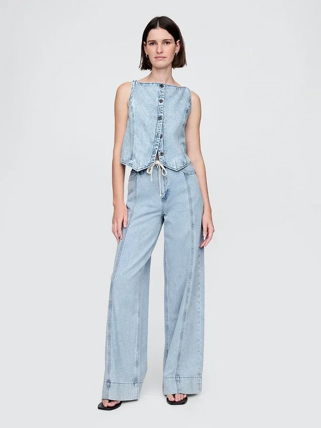 Pantalon baggy en denim ultra-doux à taille mi-haute