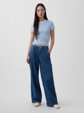 Pantalon baggy en denim ultra-doux à taille mi-haute