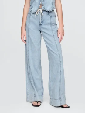 Pantalon baggy en denim ultra-doux à taille mi-haute