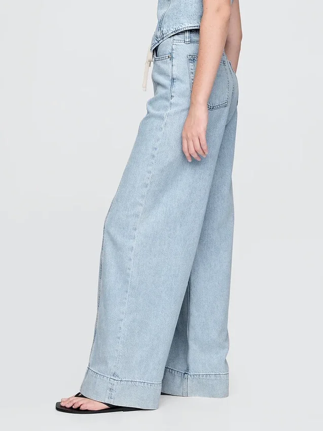 Pantalon baggy en denim ultra-doux à taille mi-haute