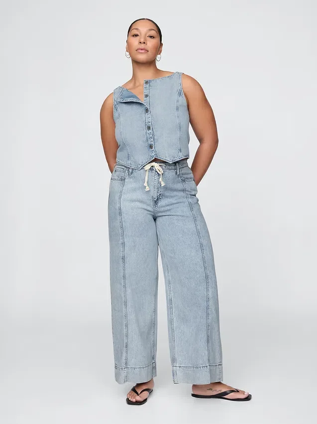 Pantalon baggy en denim ultra-doux à taille mi-haute