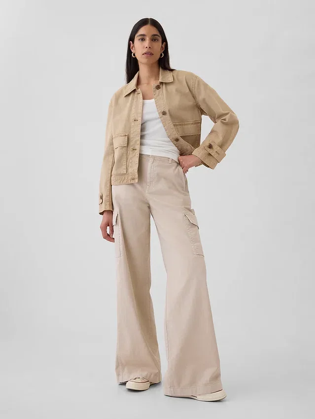 Pantalon cargo baggy en kaki à taille moyenne