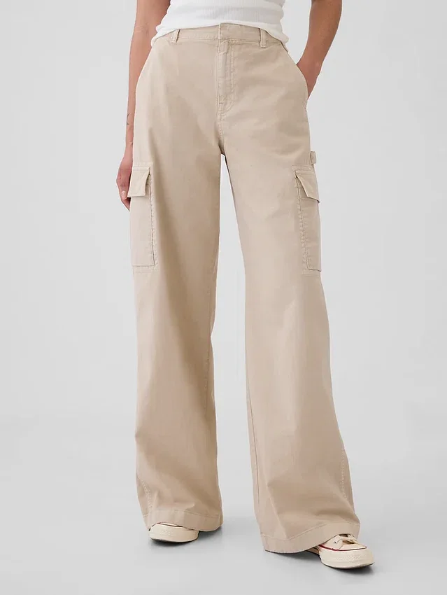 Pantalon cargo baggy en kaki à taille moyenne