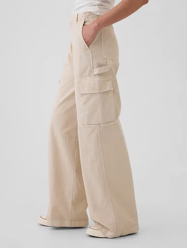 Pantalon cargo baggy en kaki à taille moyenne