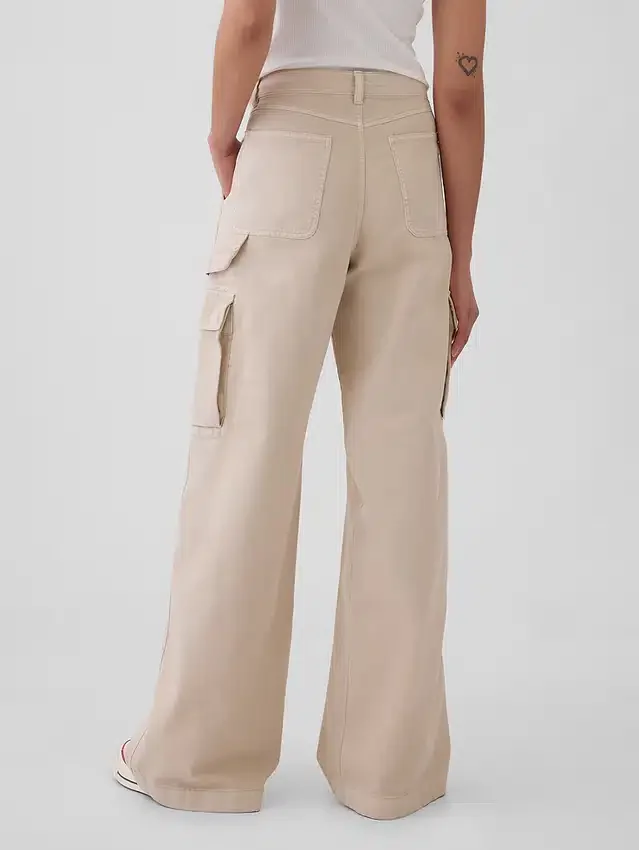 Pantalon cargo baggy en kaki à taille moyenne