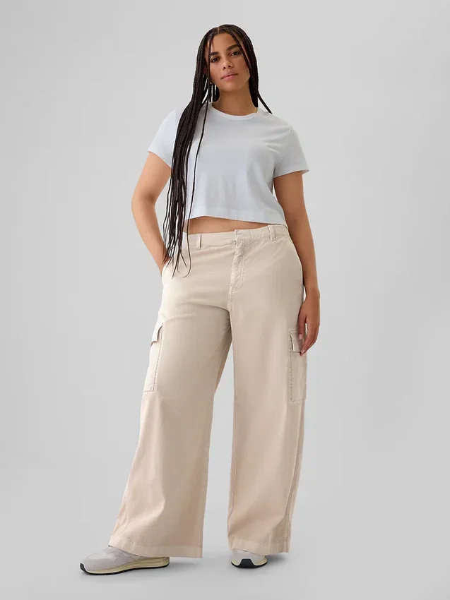 Pantalon cargo baggy en kaki à taille moyenne