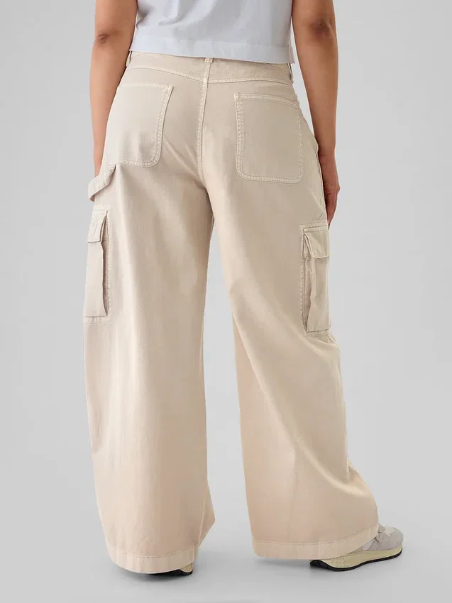 Pantalon cargo baggy en kaki à taille moyenne