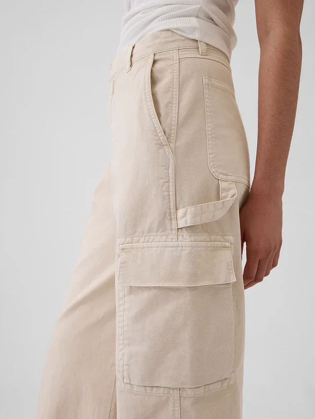 Pantalon cargo baggy en kaki à taille moyenne