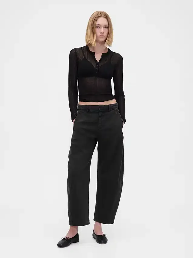 Pantalon à coupe large en sergé, taille mi-haute