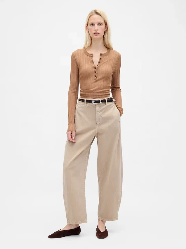 Pantalon à coupe large en sergé, taille mi-haute