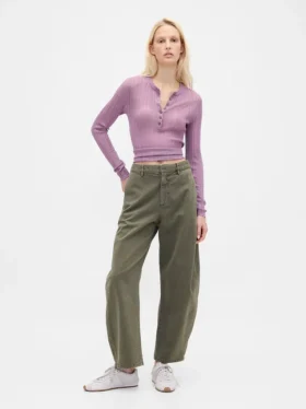 Pantalon à coupe large en sergé, taille mi-haute