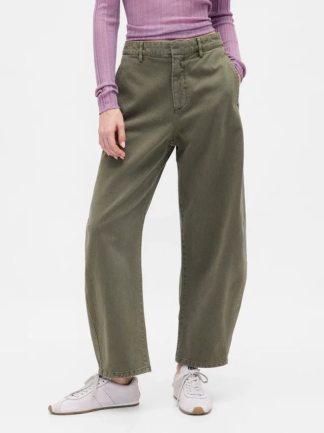 Pantalon à coupe large en sergé, taille mi-haute