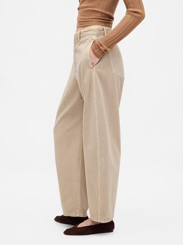 Pantalon à coupe large en sergé, taille mi-haute